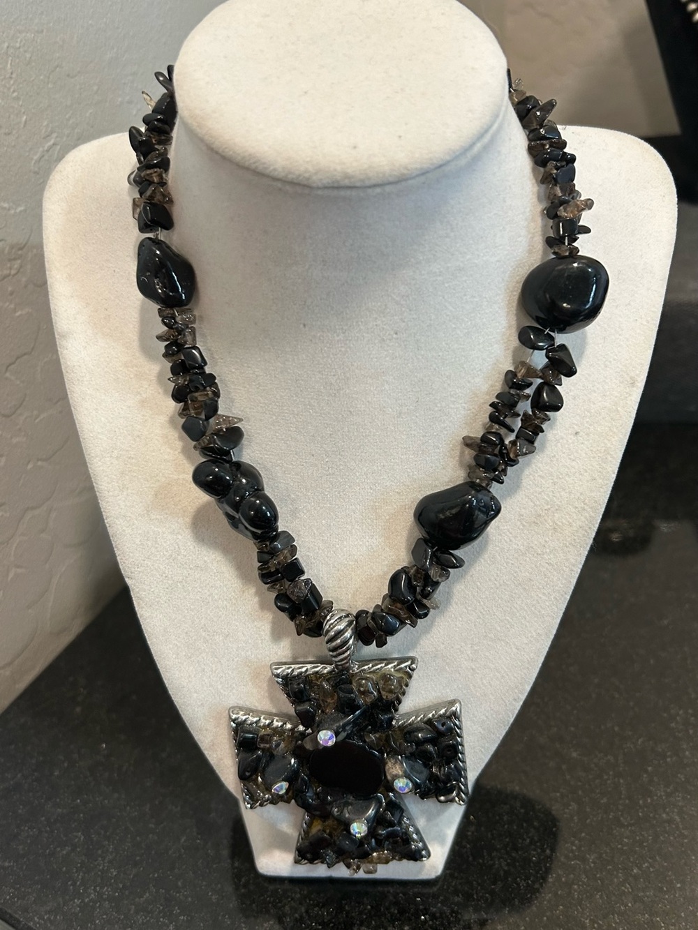 Statement Black Beaded Cross Pendant Necklace - Women's Jewelry